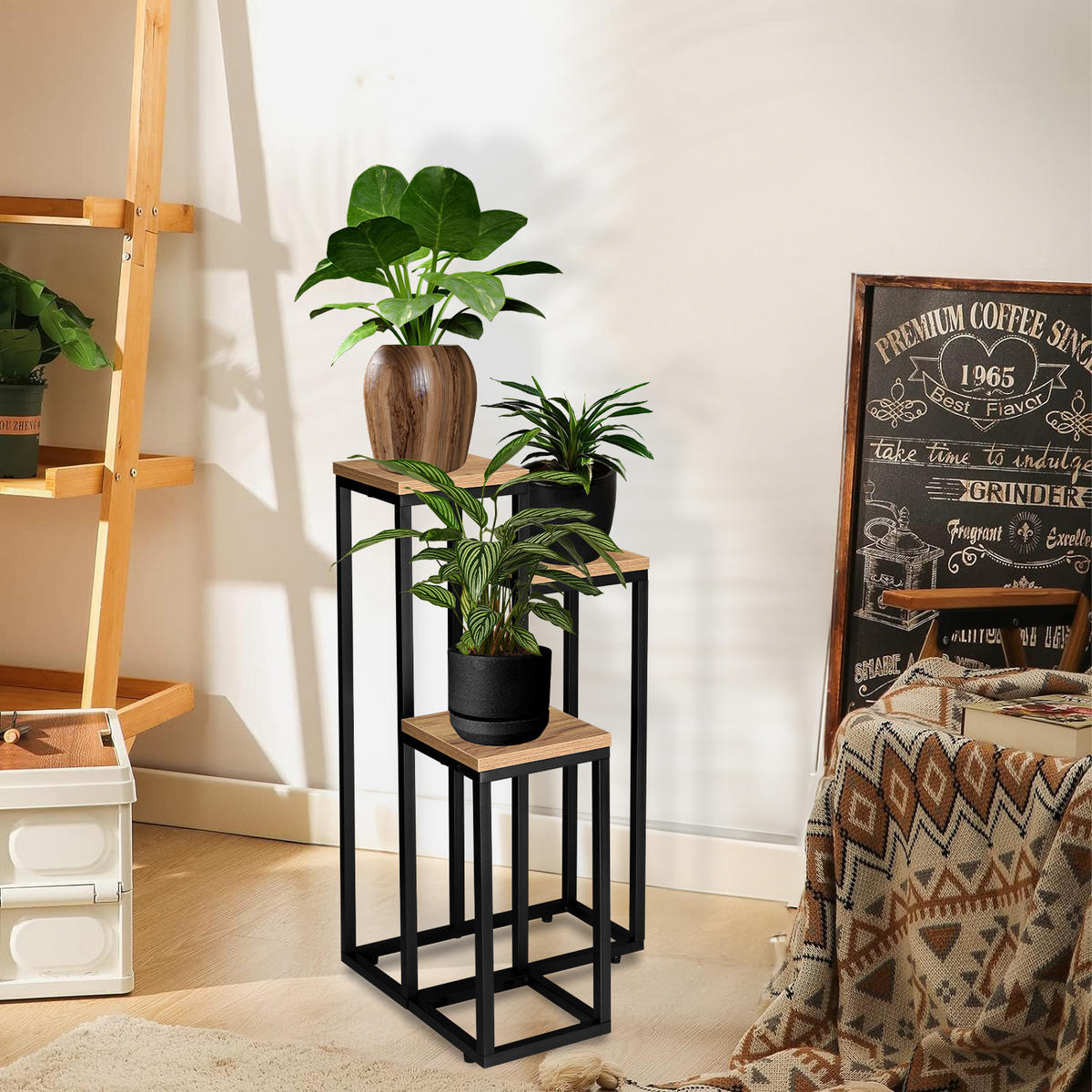 BLUMENSTÄNDER mit 3 Ablagen - Eichefarben, Metall (34/34/67cm) - Mat-Haus