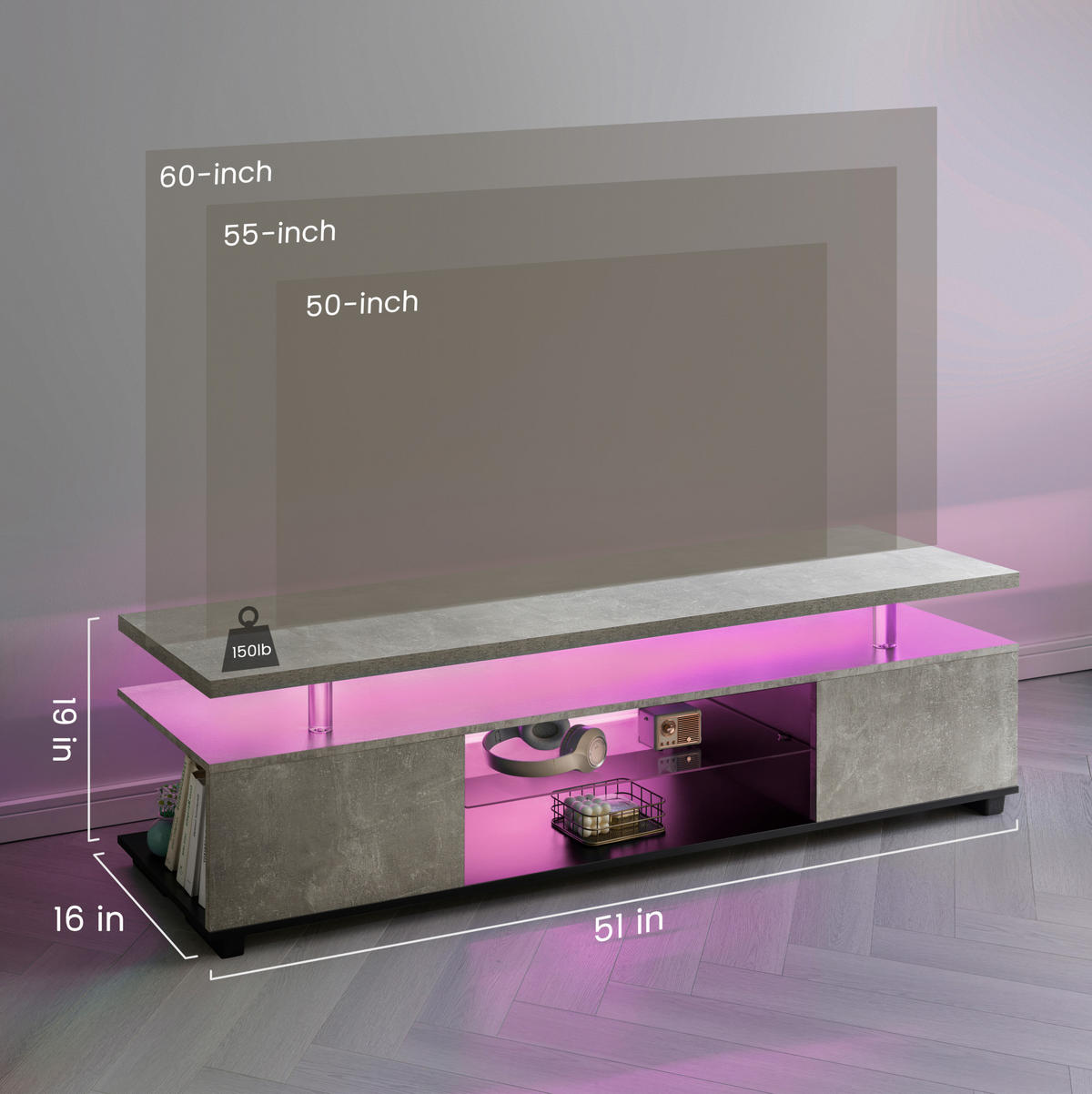 TV-LOWBOARD aus Holzwerkstoff 130x40x48 cm Grau/Schwarz mit LED-Beleuchtung, offenen und geschlossenen Fächern - Schwarz, Holzwerkstoff (130/48/40cm) - Modfu