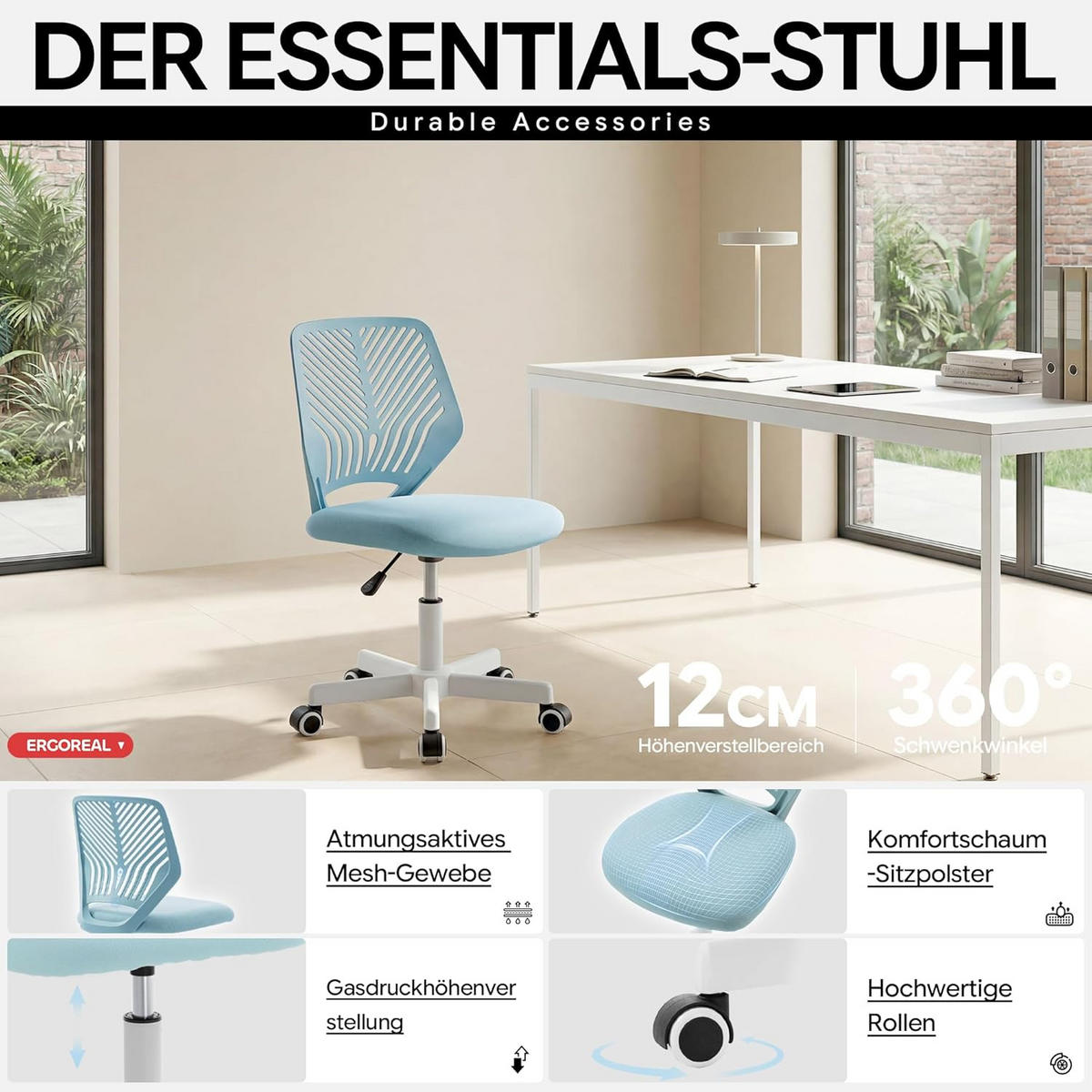 BÜROSTUHL Ergonomischer ohne Armlehne, mit Rollen & Höhenverstellung - Blau, Metall (55/79/55cm)
