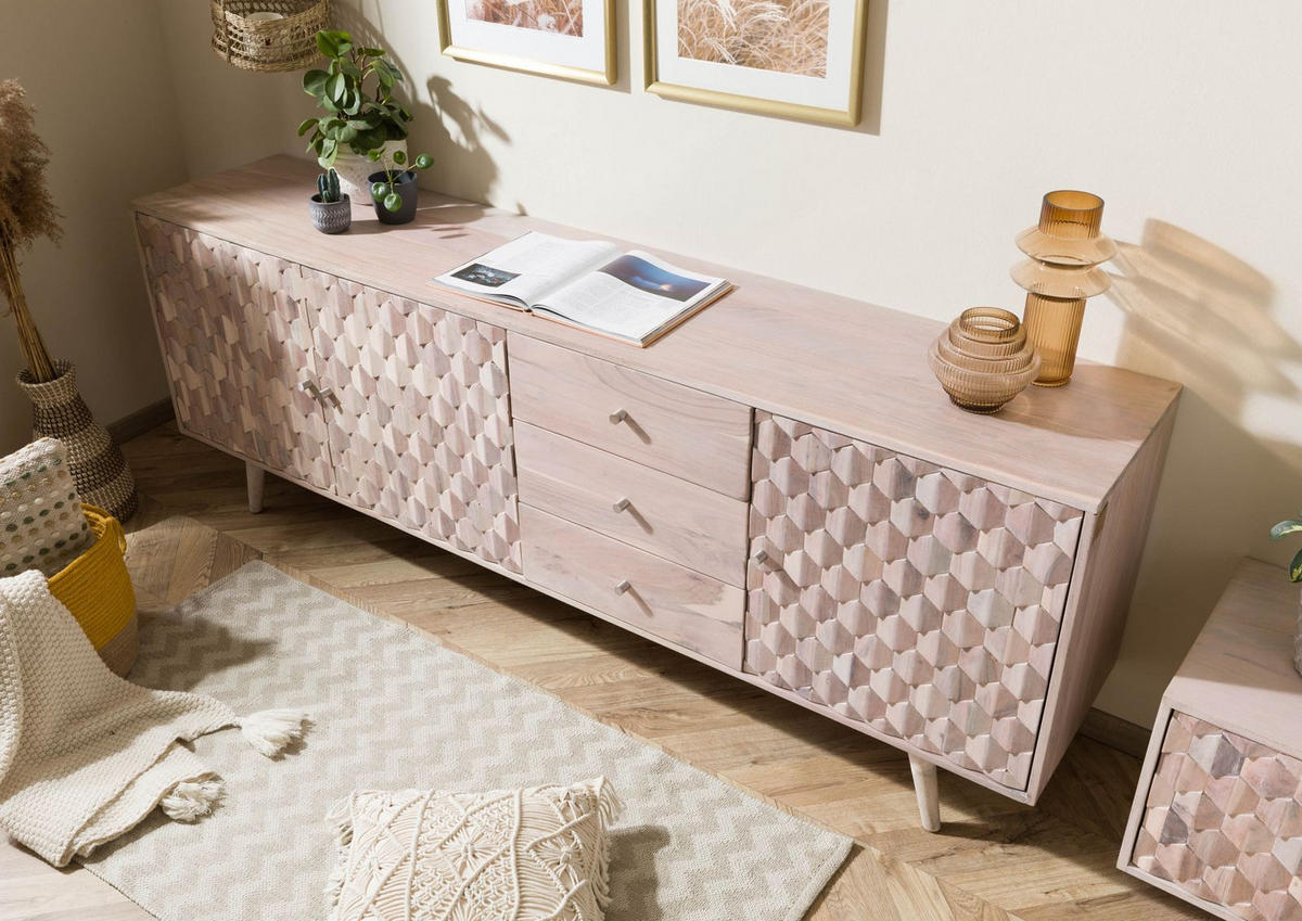 SIDEBOARD Akazie 210x42x75 weiß lackiert MOSAYK #209 - Weiß, Holz (210/75/42cm) - Massivmoebel24