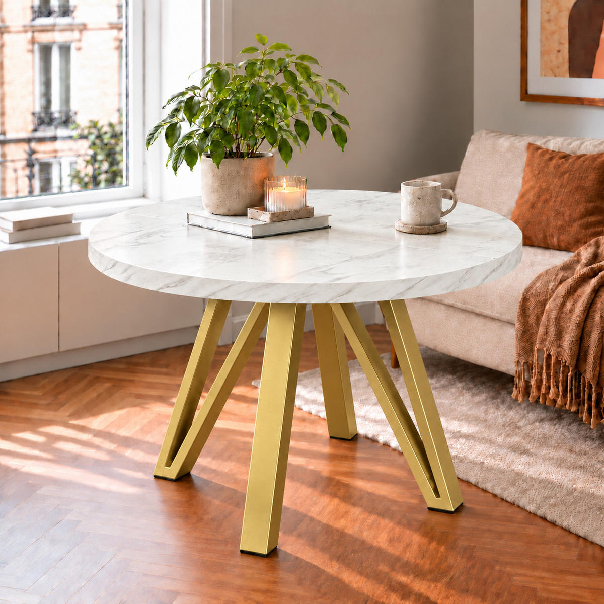 ESSTISCH rund ausziehbar 100/200/76 cm, Marmor, 54 cm Tischplatte + Industrial Metallgestell Gold - Goldfarben/Hellgrau, Holzwerkstoff/Metall (100/200/76cm) - Damale Möbel