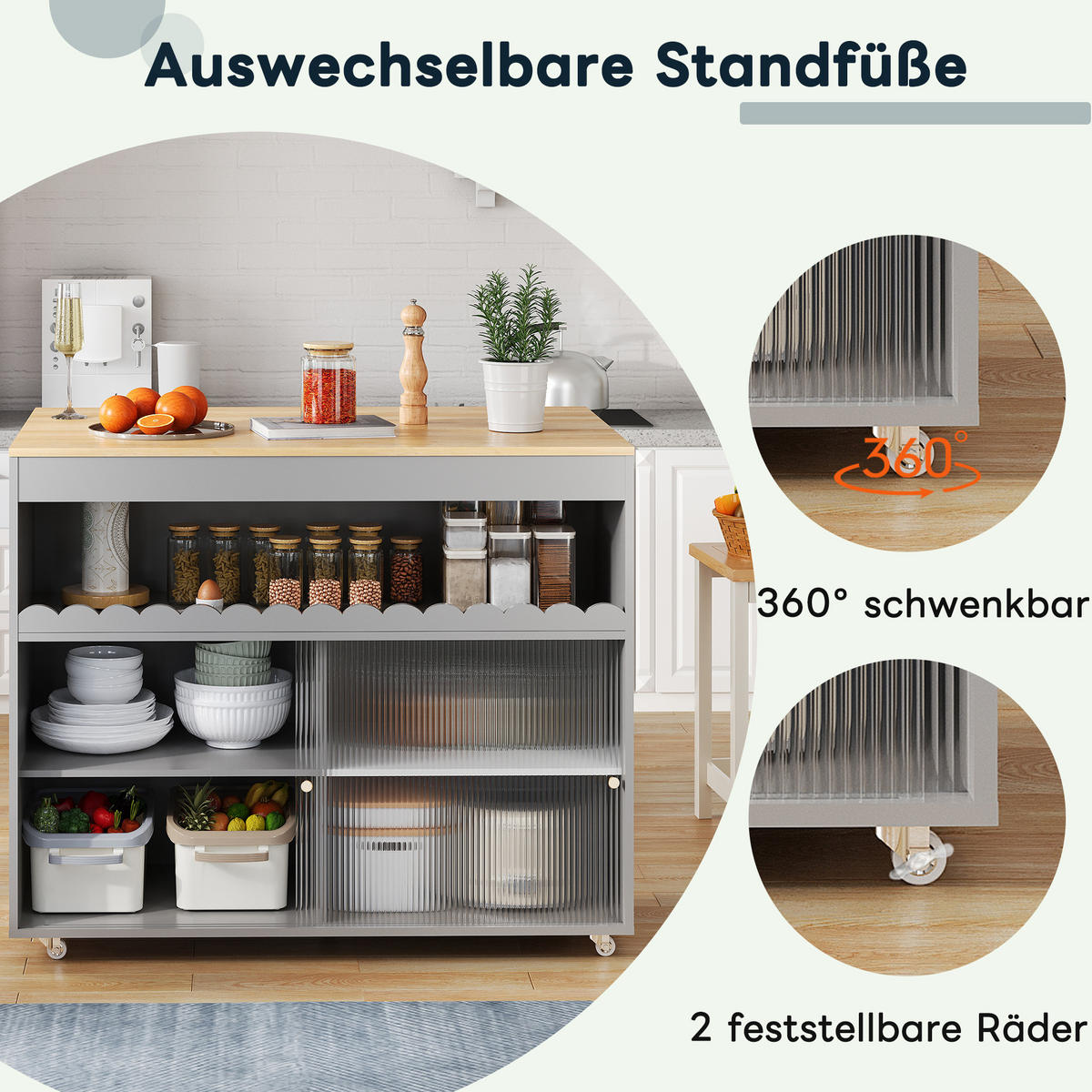 KÜCHENINSEL auf Rollen 122/46/91 cm Grau mit Schiebetür und Handtuchhalter - Grau, Holz/Holzwerkstoff (46/91/122cm) - Oxeza