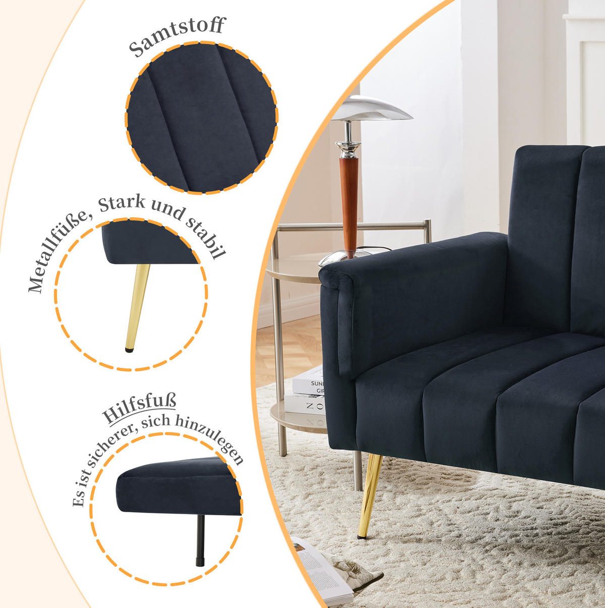 SCHLAFSOFA, Samt mit verstellbarer Rückenlehne & Armlehnen, 183/76/75 cm, Schwarz - Schwarz, Textil (76/75/183cm) - Redom