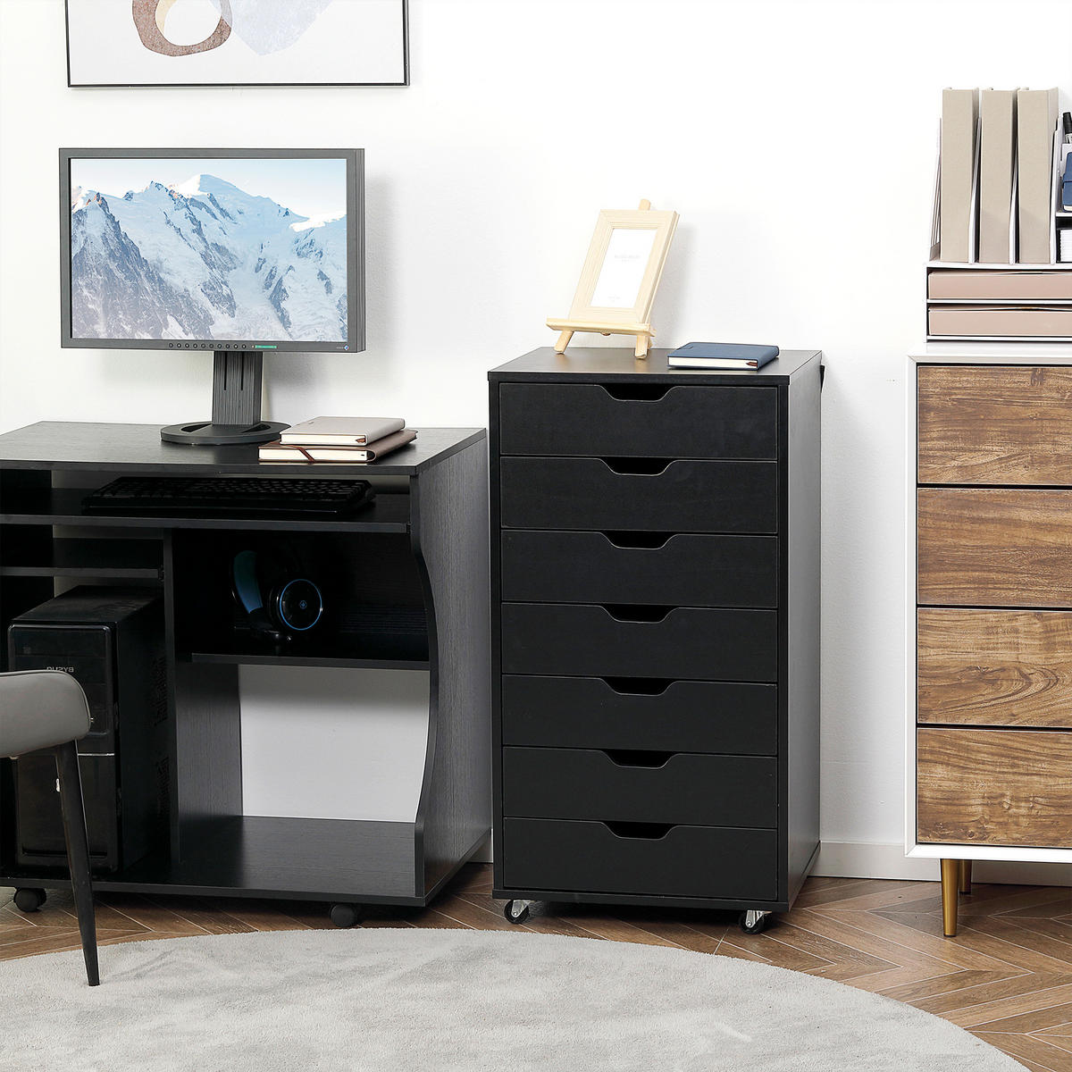 ROLLCONTAINER DE-14439 7 Schubladen für A4/Letter - Schwarz, Holzwerkstoff (39.5/90/47.5cm) - ComfortXL