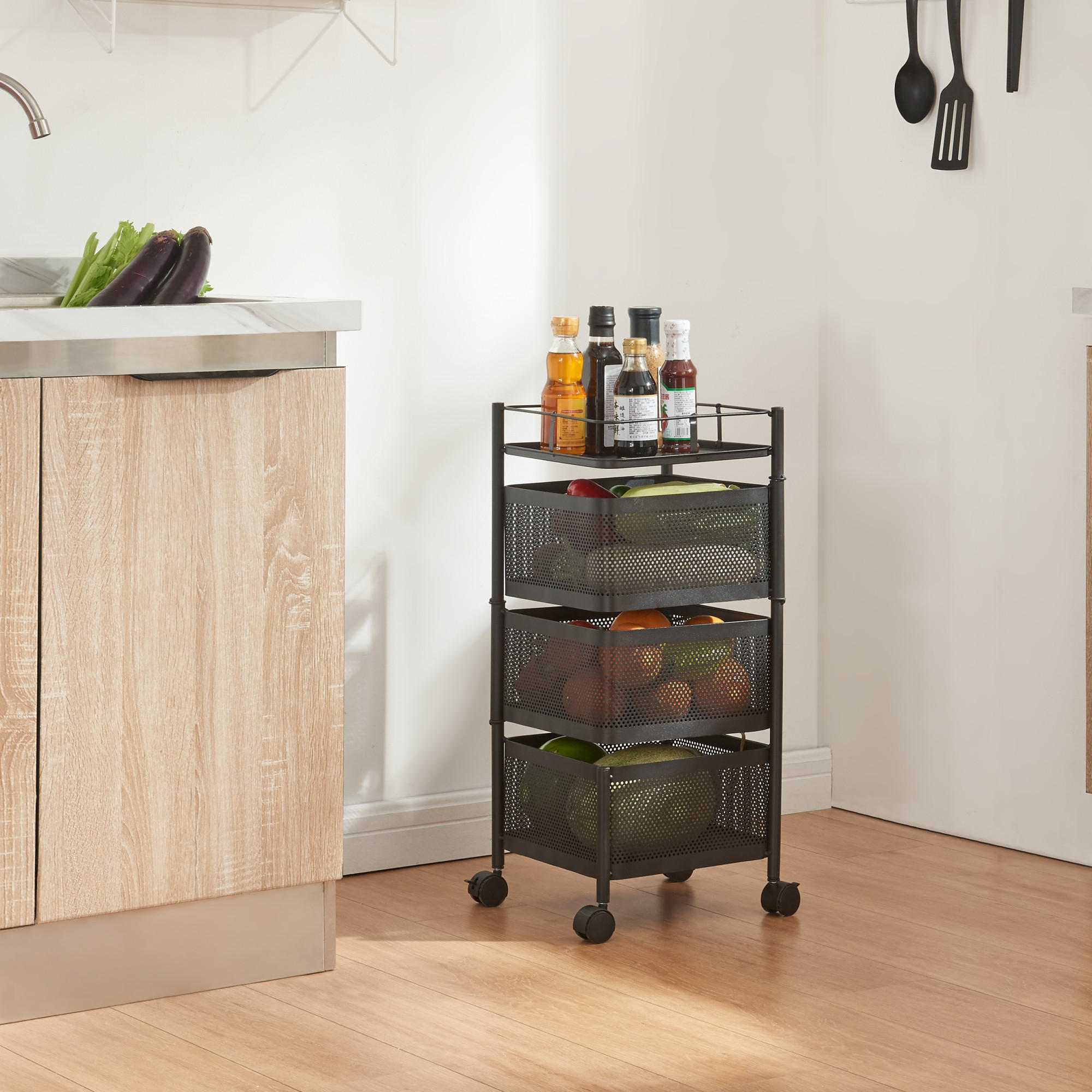 Thumbnail - [en.casa] Rollwagen, Schwarz, Metall, Rollen, 27x64.5x27 cm, Esszimmer, Servierwagen