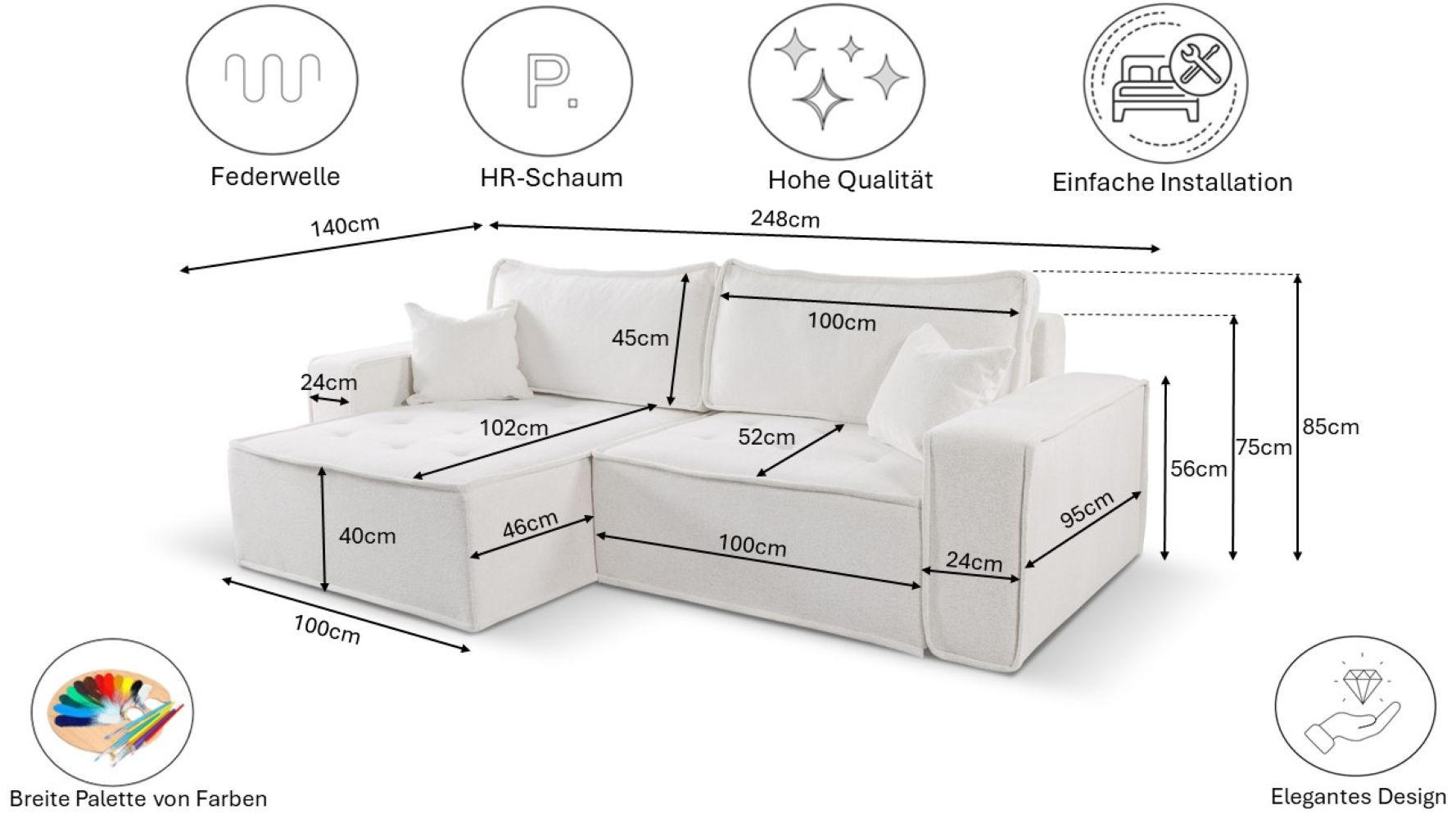 ECKSOFA Bohoo Mit Schlaffunktion Ecru Rechts - Ecru, Holz (248/140cm) - Kaiser Möbel