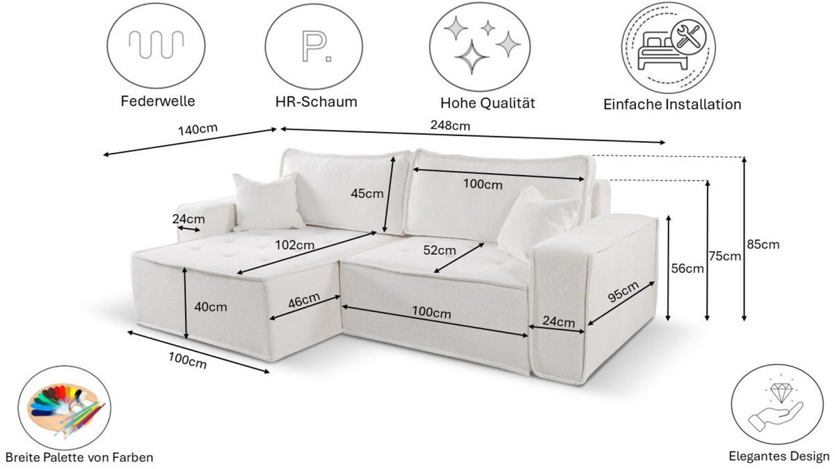 ECKSOFA Bohoo Mit Schlaffunktion Ecru Links - Ecru, Holz (140/248cm) - Kaiser Möbel