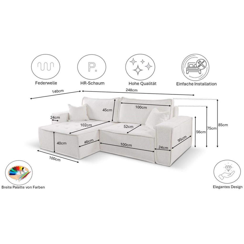 Thumbnail - Kaiser Möbel Ecksofa, Ecru, Holz, L-Form, 248x140 cm, Wohnzimmer, Sofas & Couches, Wohnlandschaften, Ecksofas