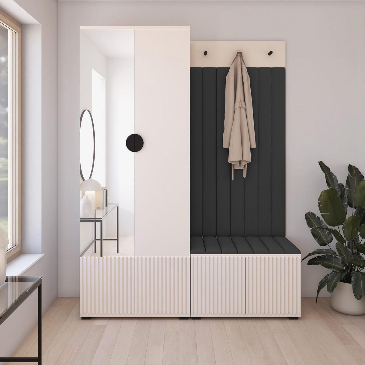 GARDEROBE Ritmo version 1 mit Spiegel, mit POLSTERPANEELEN SCHWARZ - Beige/Schwarz, Holzwerkstoff (140/185/40cm) - Jerpax