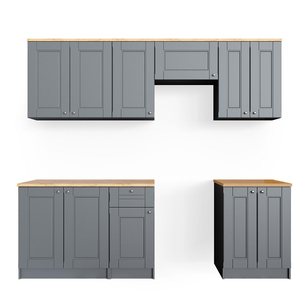 KÜCHENZEILE Bergamo Grau 240 cm, AP Goldkraft - Honigeiche/Braun, Holzwerkstoff (240/81.6/60cm) - Vicco