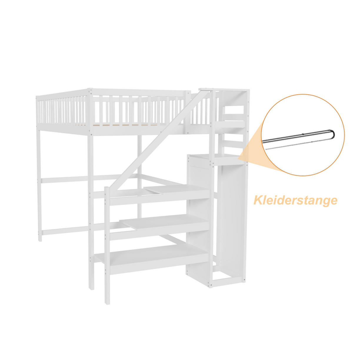 HOCHBETT 140/200 cm Weiß aus Holz mit Treppe und Kleiderschrank - Weiß, Holz (140/200cm) - OKMYHOME