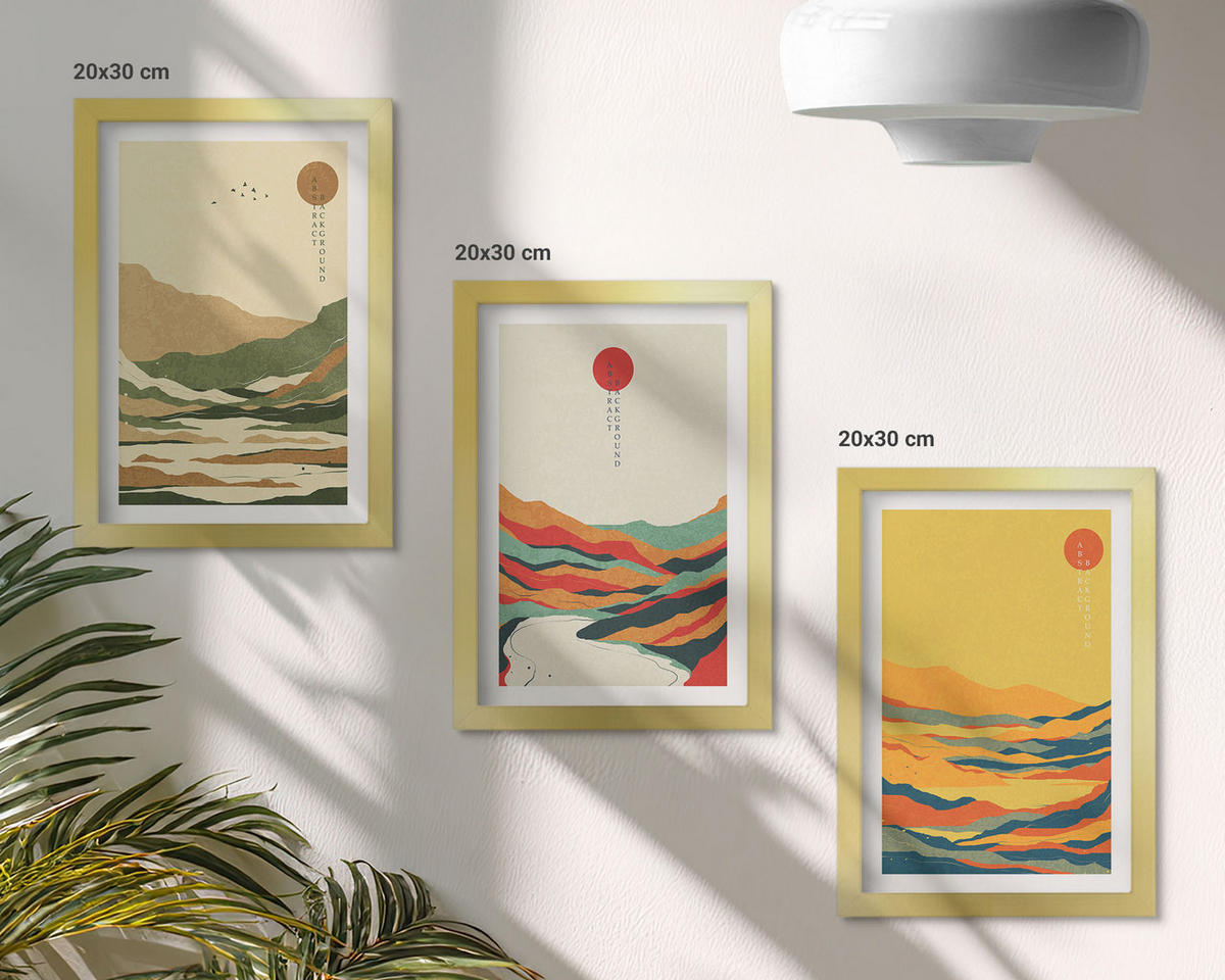 BILDER SET 3er Set - 20x30 cm Goldrahmen - Farbenfrohe Muster der Japandi-Flussberge - Goldfarben, Kunststoff (20/30cm) - TULUP