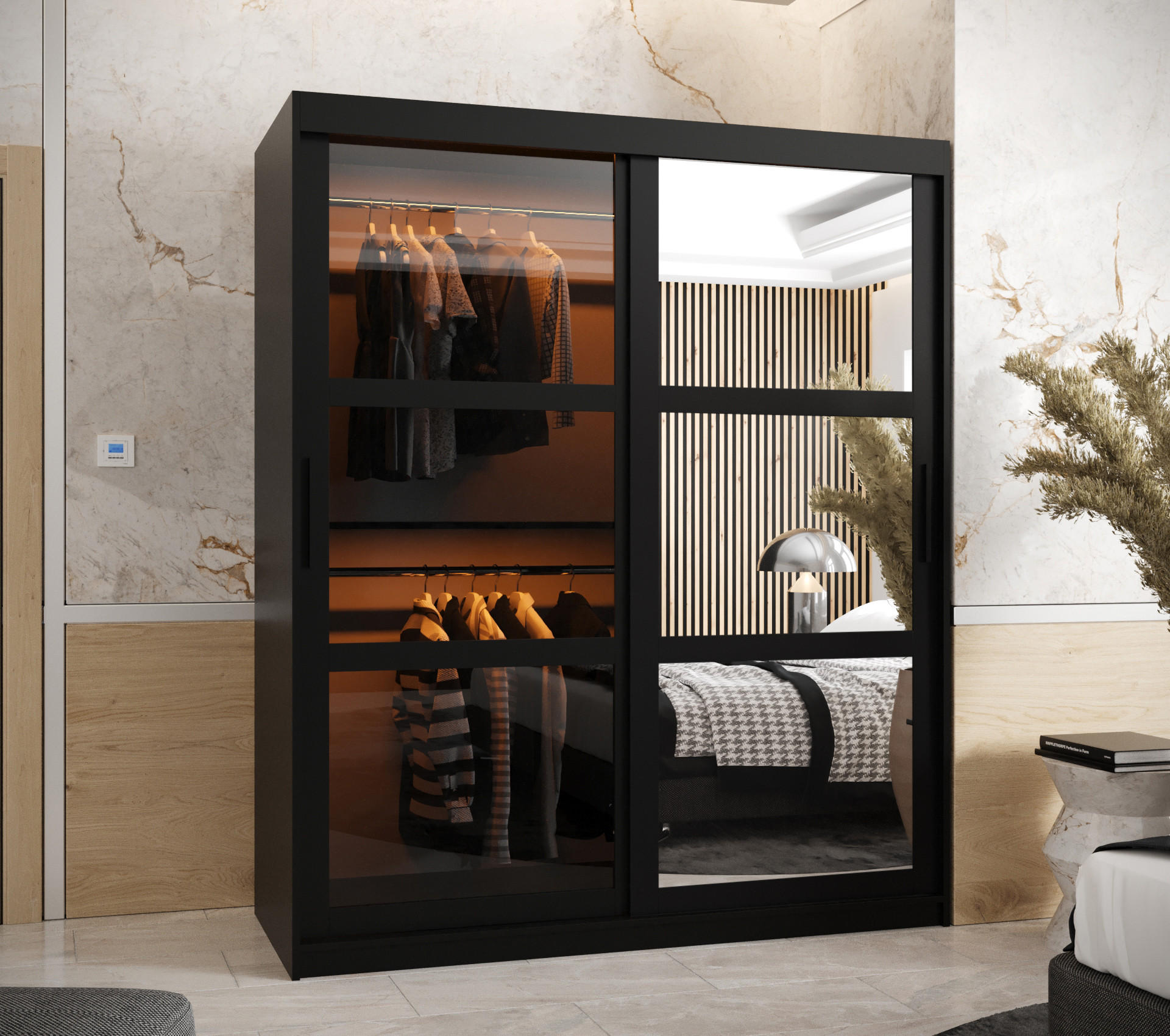 SCHWEBETÜRENSCHRANK 200/150/62 2-türig - Schwarz, Holz/Kunststoff (150/200/62cm) - Abiks Möbel