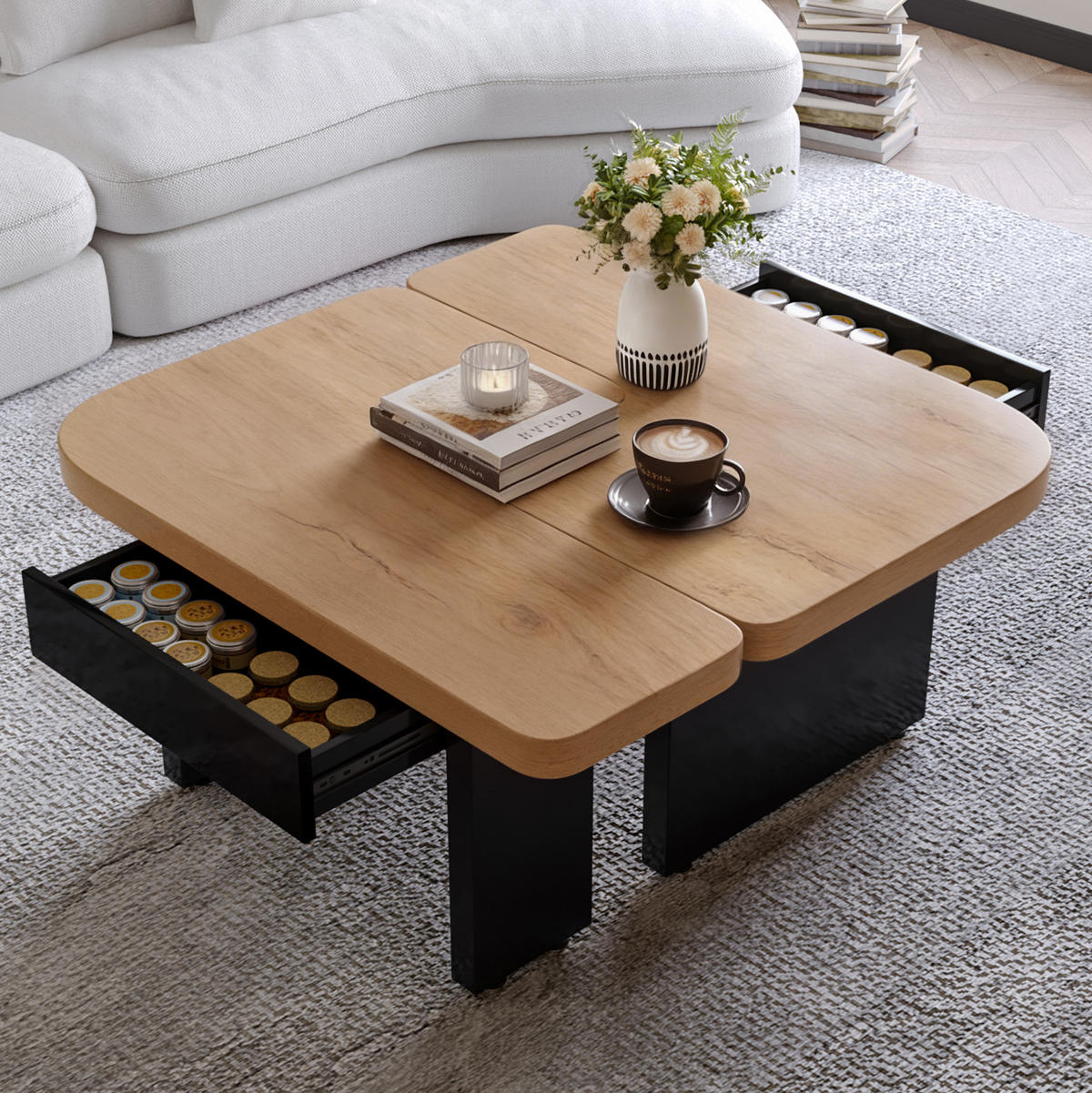 COUCHTISCH 90/60/44,5 cm natur aus MDF mit LED und 2 Schubladen - Naturfarben, Holzwerkstoff (90/60/44.5cm) - OKWISH