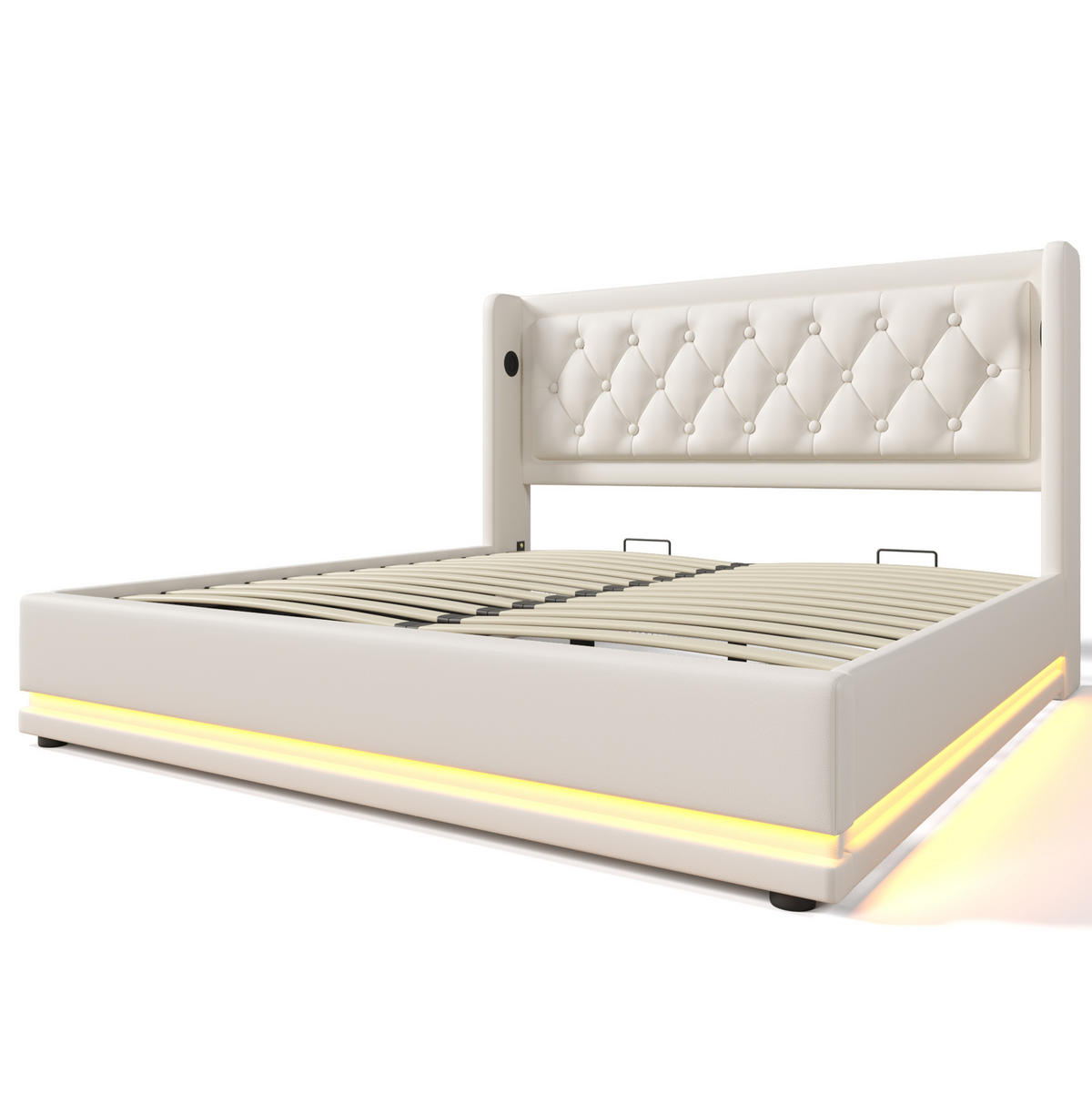 BETT mit Stauraum 160x200 cm PU Weiß mit Matratze - Weiß, Metall (160/200cm) - Meubliv