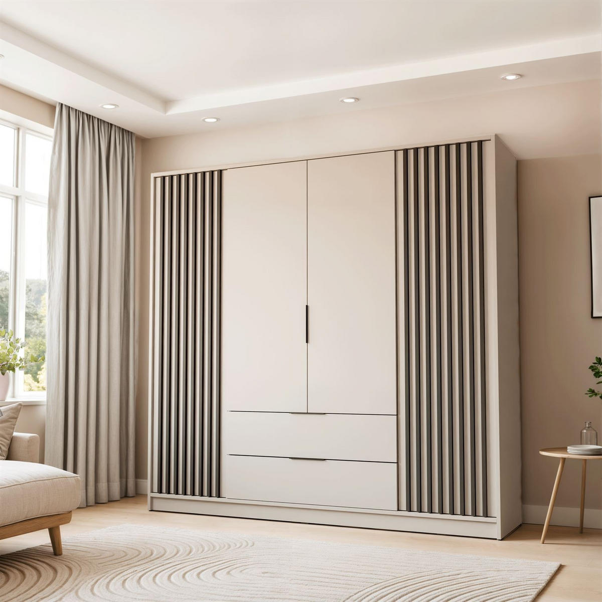 KLEIDERSCHRANK NELA, viertürig mit Lamellen, 206 cm. Kaschmir/Schwarz - Kaschmir, Holzwerkstoff (206/200/51cm) - Lookway