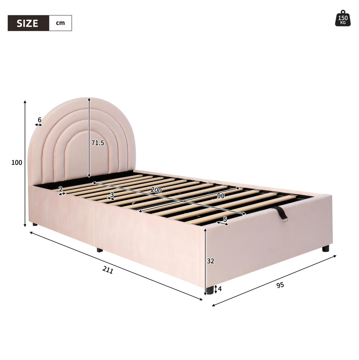 KINDERBETT 90/200 cm mit hydraulischem Bettkasten, Samtbezug und gepolstertem Kopfteil, Pink - Rosa, Textil (90/200cm) - Redom