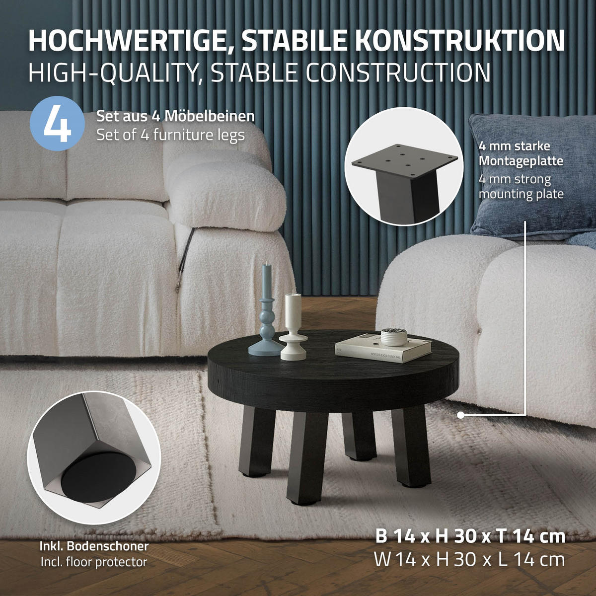 TISCHBEINE 4er Set I-96GRAD-Design H:30 cm Dunkelgrau 8x8 cm - Dunkelgrau, Metall (8/30/8cm) - ML-DESIGN