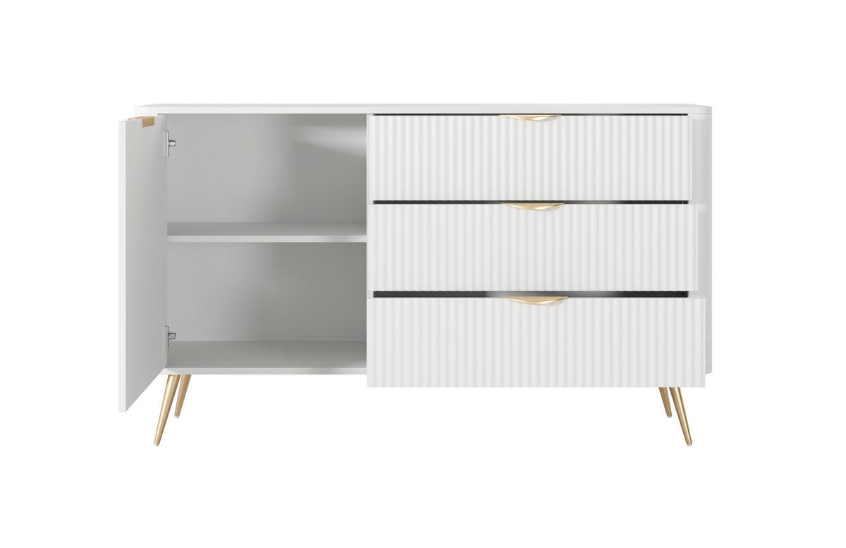 KOMMODE Lante Weiß, eintürige mit Schubladen, Goldene Beine - Goldfarben/Weiß, Holzwerkstoff (138/81/38cm) - Bettso