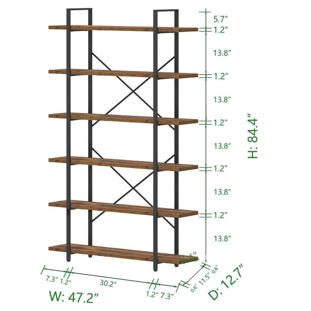 STANDREGAL Industrial Holzoptik Metall 6 Fächer 120 x 32 x 215,5 cm - Wildeiche, Holzwerkstoff/Metall (122/215.5/32cm) - Quality Elegance