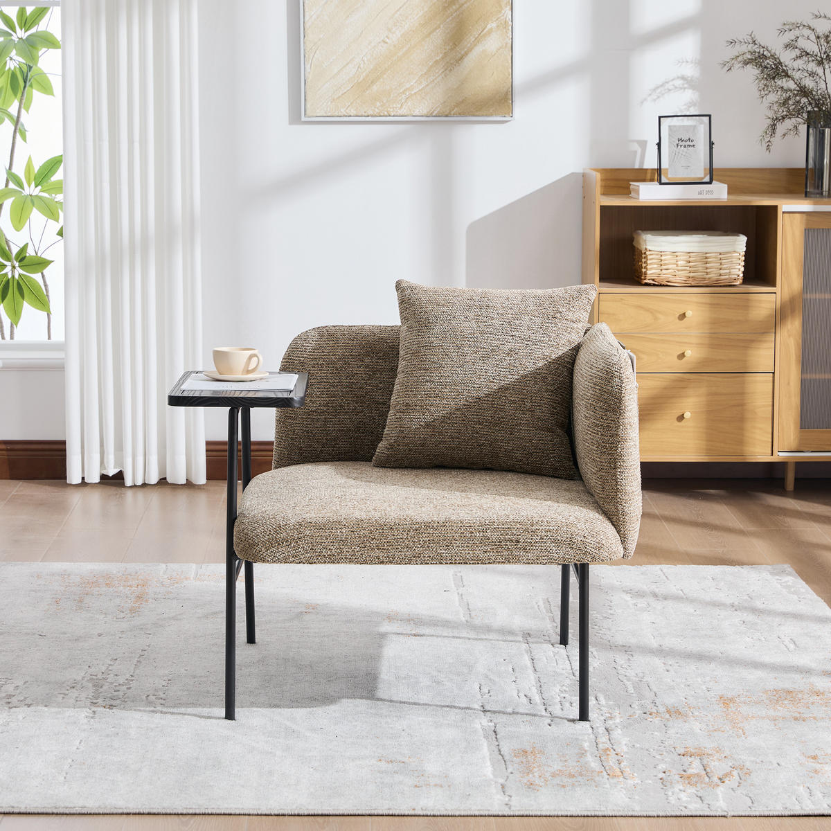 SESSEL Chenille Khaki mit Beistelltisch und Seitentaschen - Hellbraun, Textil/Metall (86/71/72cm) - WISHDOR
