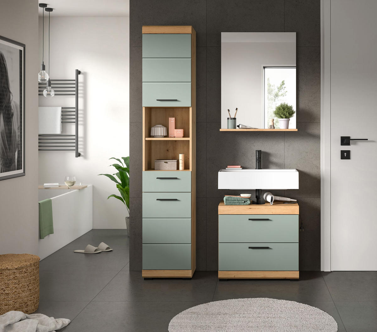 BADKOMBINATION 3tlg. Scout Bad in Artisan Eiche Nachbildung und Salbei Nachbildung B/H/T: 112x191x34 cm - Eiche Artisan, Holz (112/191/37cm)
