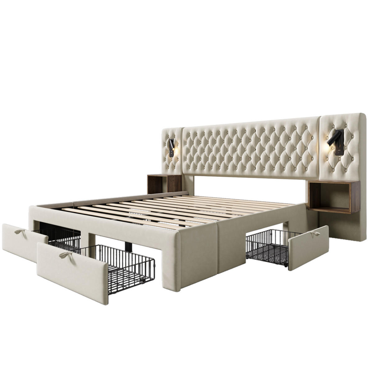 POLSTERBETT 160/200 cm Beige mit Nachttischen und USB-Ladefunktion Ohne Matratze - Beige, Textil (160/200cm) - OKWISH