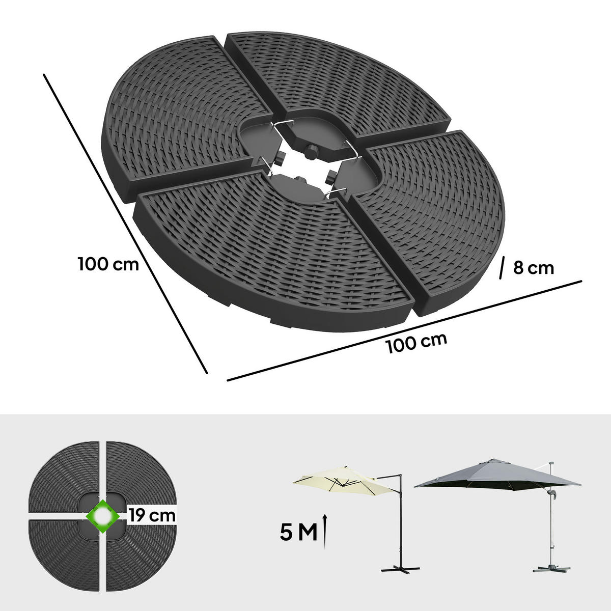 SCHIRMPLATTEN Schwarz 4er-Set 100/100/8 cm - Schwarz, Kunststoff (100/100cm) - PANGIVO