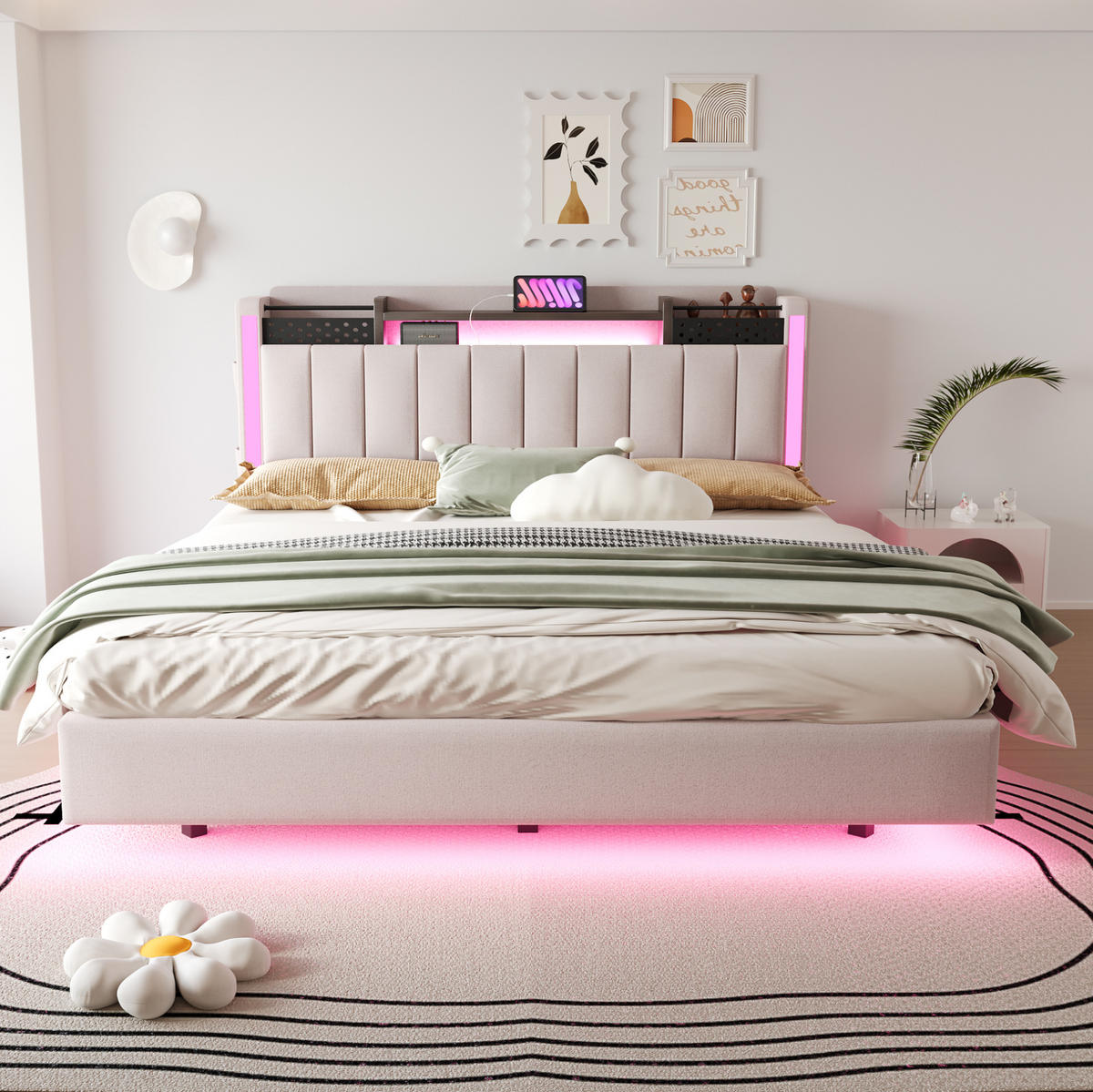 BETT mit LED und USB 160x200 cm Beige - Beige, Metall (160/200cm) - Meubliv