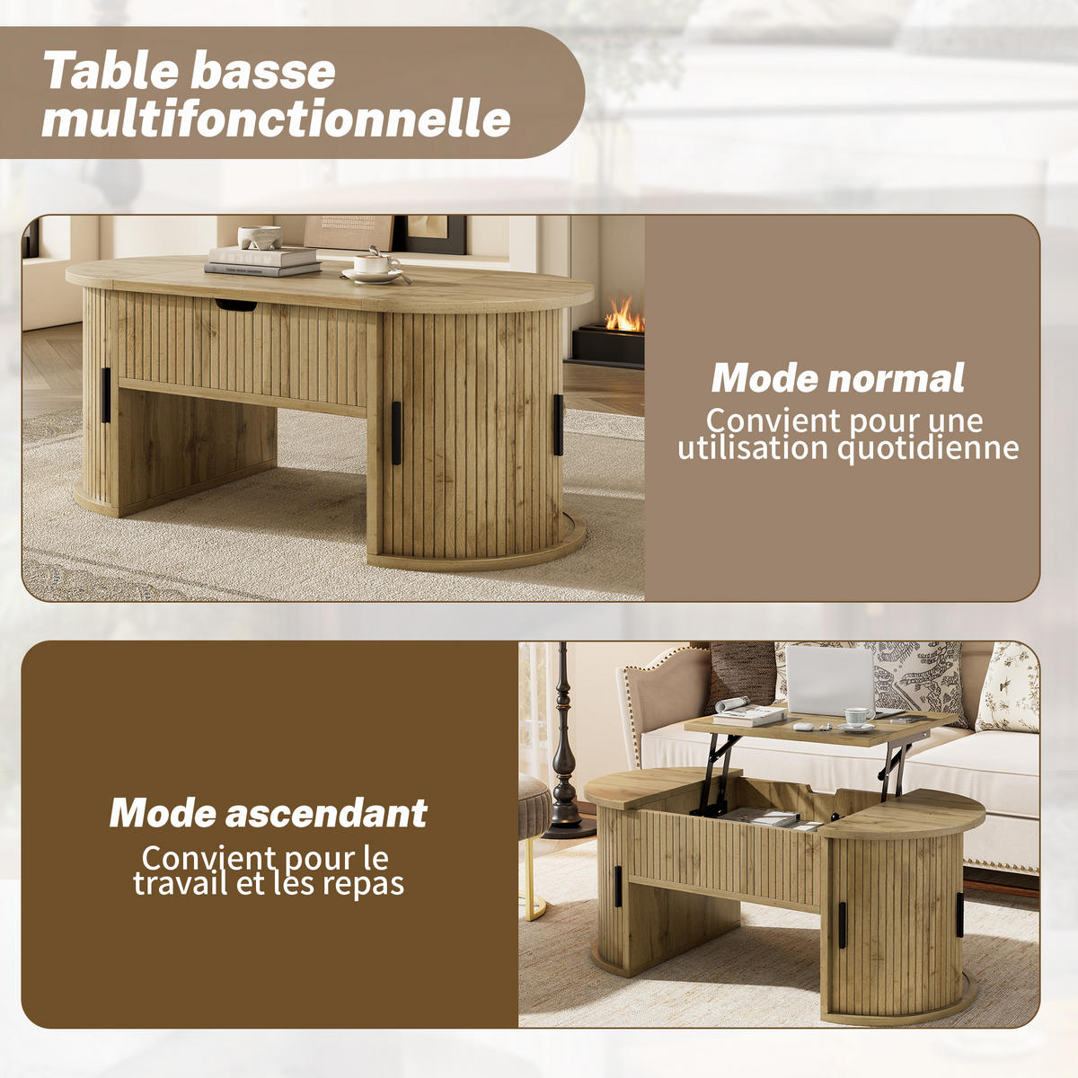 OVALER Couchtisch mit aufklappbarer Tischplatte und Stauraum, Holzwerkstoff, Eiche - Grau, Textil (264/83/87cm) - Meubles Cosy