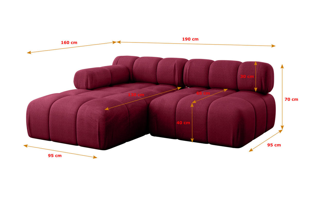 ECKSOFA modulares Sofa Razon-L1 - 190x160x70 cm Bordeauxrot Velours - Bordeaux, Holzwerkstoff/Textil (190/160cm) - ALTDECOR