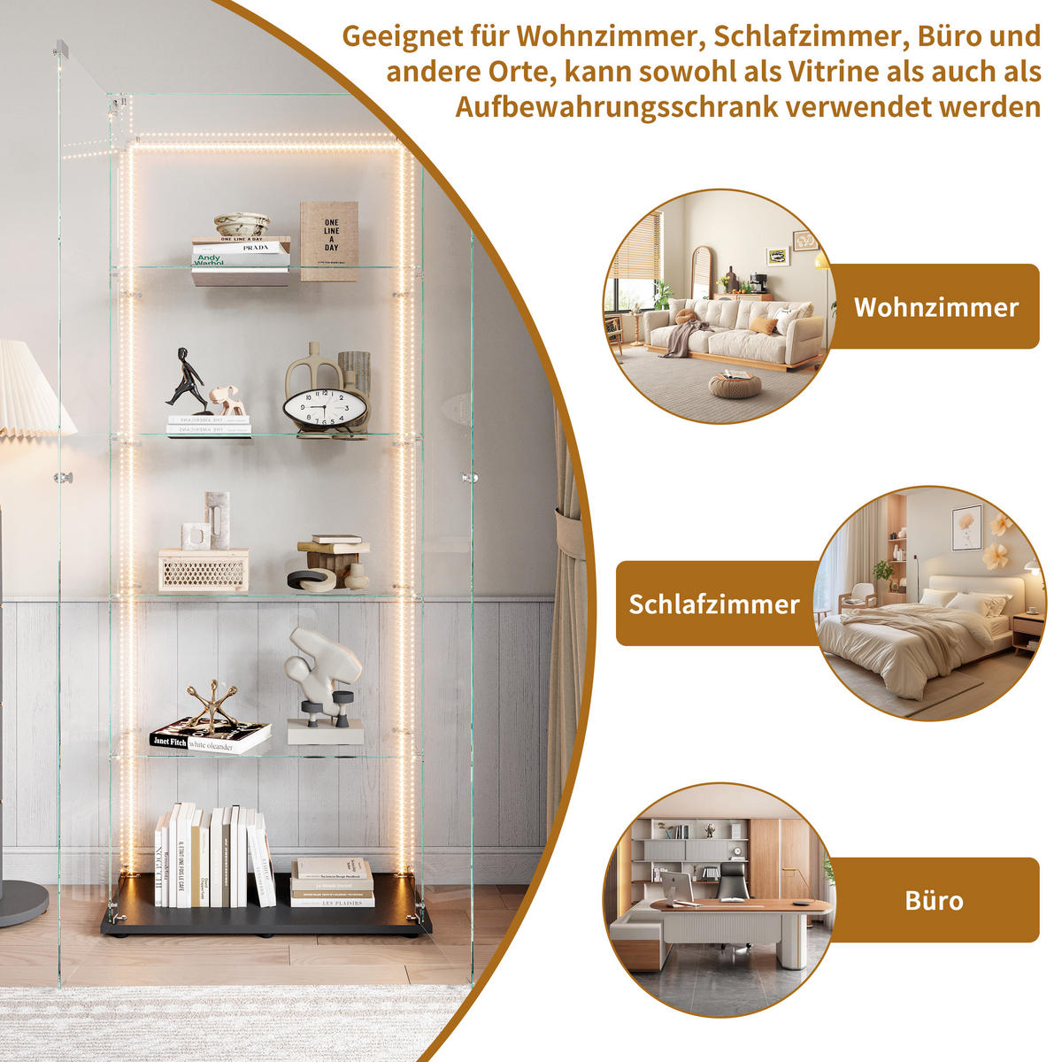 GLASVITRINE mit 5 Einlegeböden, LED-Lichtleiste, Doppeltür mit Sicherheitsschloss in schwarz - Schwarz, Glas/Holz (36.5/183/80.6cm) - BRILVERDE