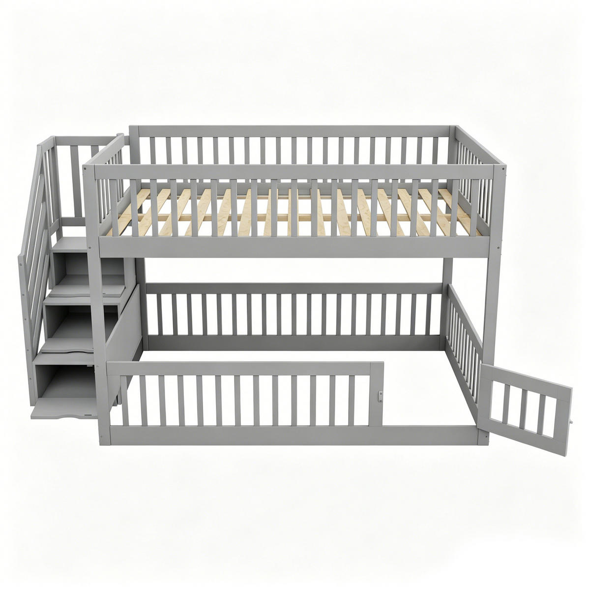 ETAGENBETT 140/200 cm grau aus Massivholz mit Stauraumtreppe - Grau, Holzwerkstoff (140/200cm) - OKWISH