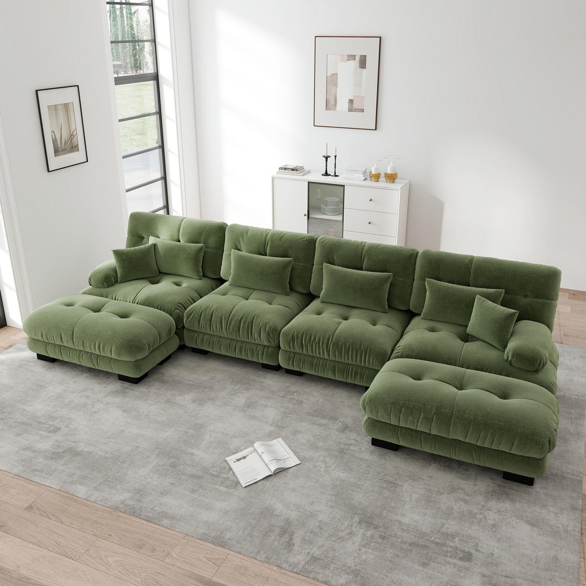 WOHNLANDSCHAFT Chenille Grün mit Ottomanen - Grün, Textil (406/81/145cm) - WISHDOR