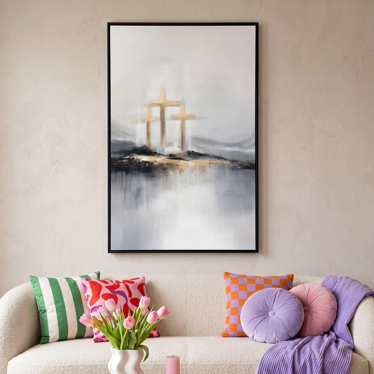 LEINWAND Bilder mit Rahmen - Abstrakt - Malerei - Christentum - Kreuz - 90x140 - Weiß, Textil (90/140cm) - MuchoWow