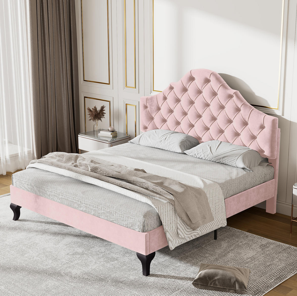 POLSTERBETT mit verstellbarem Kopfteil 140x200 cm Samt Pink - Pink, Metall (140/200cm) - Meubliv