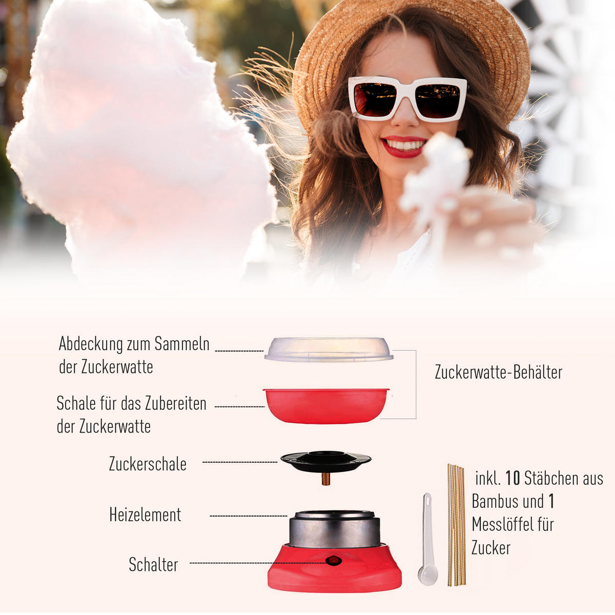 ZUCKERWATTEMASCHINE Edelstahl-und-PP Rot - Rot, Kunststoff (26/18/27cm) - HOMCOM