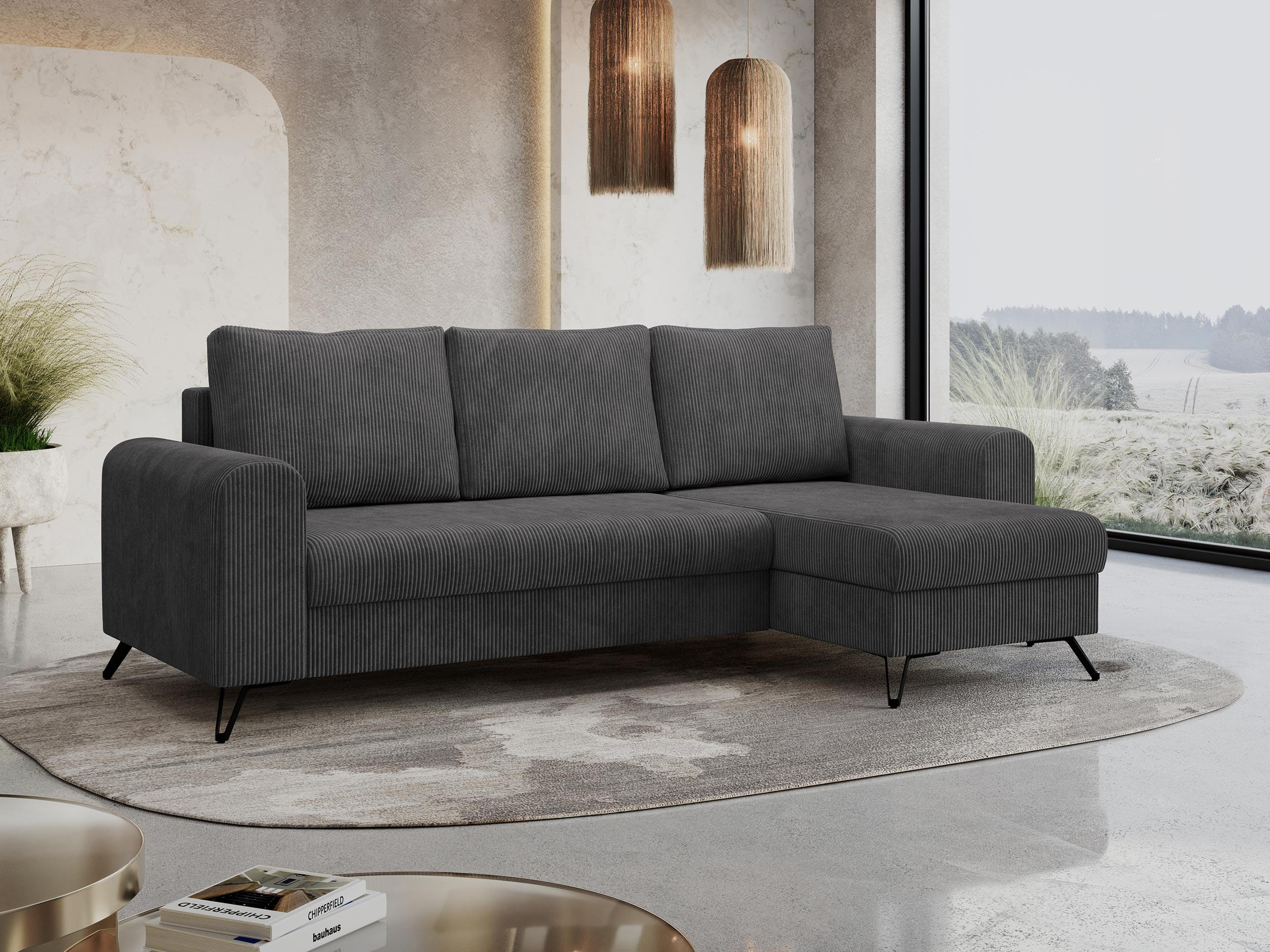 ECKSOFA Hugo Cord Dunkelgrau - Dunkelgrau/Schwarz, Textil/Metall (242/140cm) - MKS
