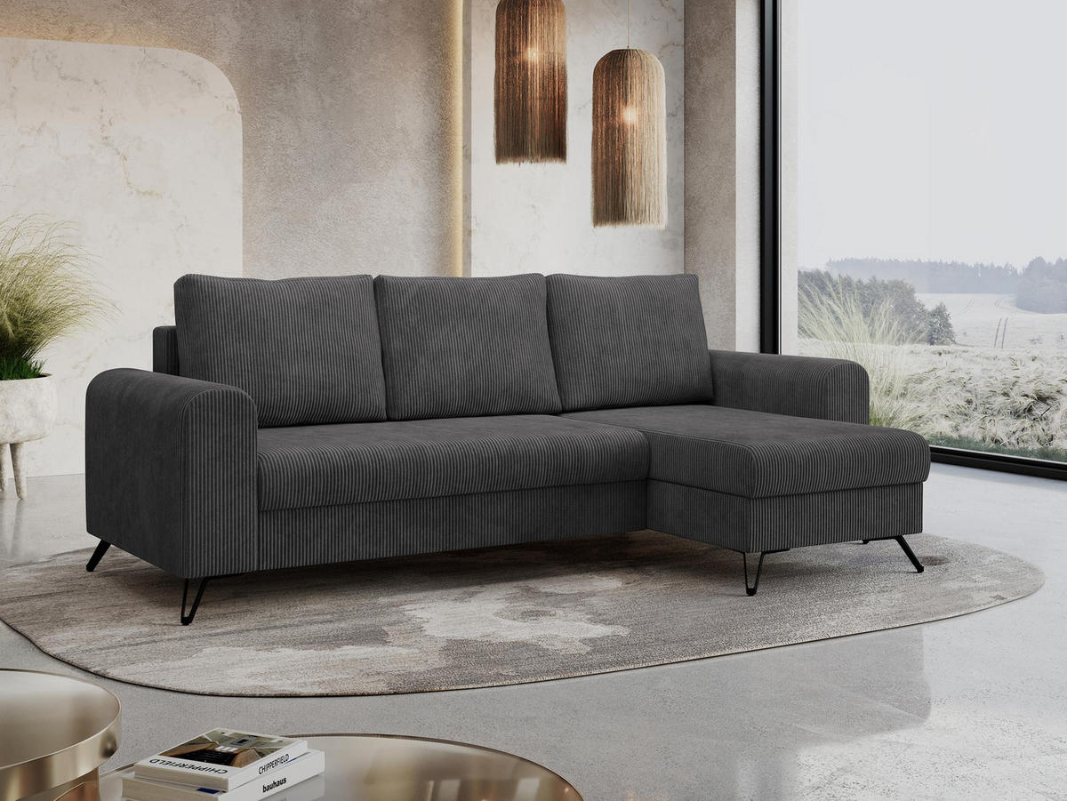 ECKSOFA Hugo Cord Dunkelgrau - Dunkelgrau/Schwarz, Textil/Metall (242/140cm) - MKS