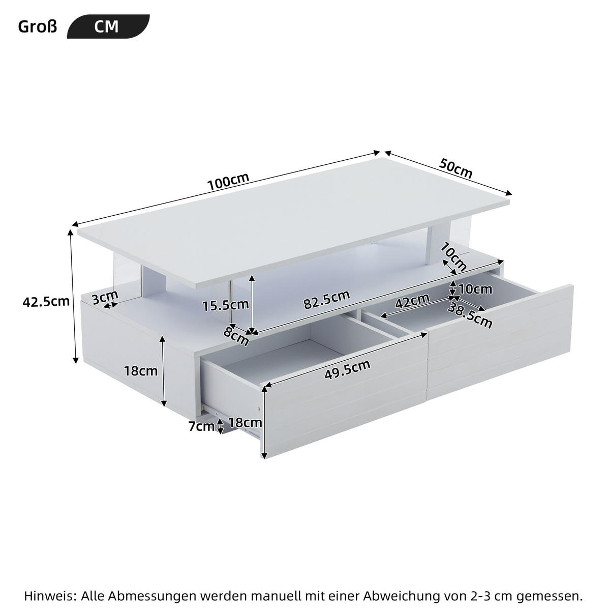 COUCHTISCH 100/50/42 cm in Weiß mit LED-Beleuchtung und 2 Schubladen - Weiß, Holzwerkstoff (100/50/42cm) - Flora Grace
