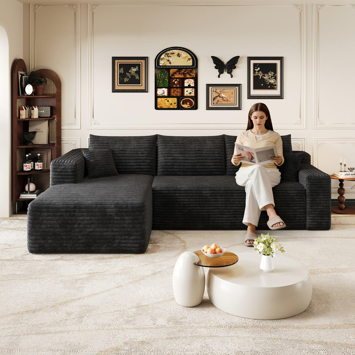 ECKSOFA Cord Schwarz ohne Montage - Schwarz, Textil (241/151cm) - WISHDOR