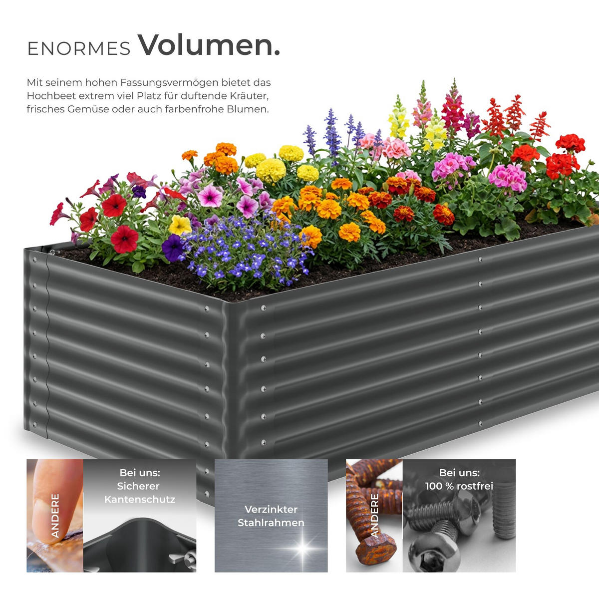 HOCHBEET Blomma, mit offenem Boden und abgerundeten Kanten, anthrazit - Anthrazit, Metall (100/62/200cm) - tectake