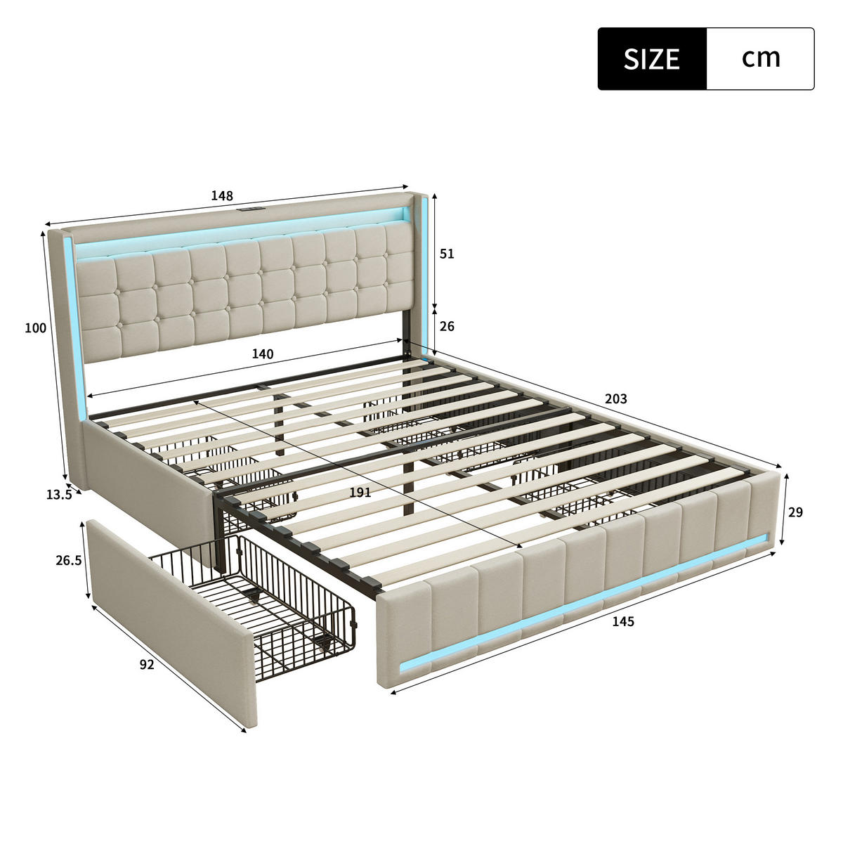 POLSTERBETT 140x190 cm LED 4 Schubladen USB Leinen beige - Beige, Holz (140/190cm) - Fortuna Lai