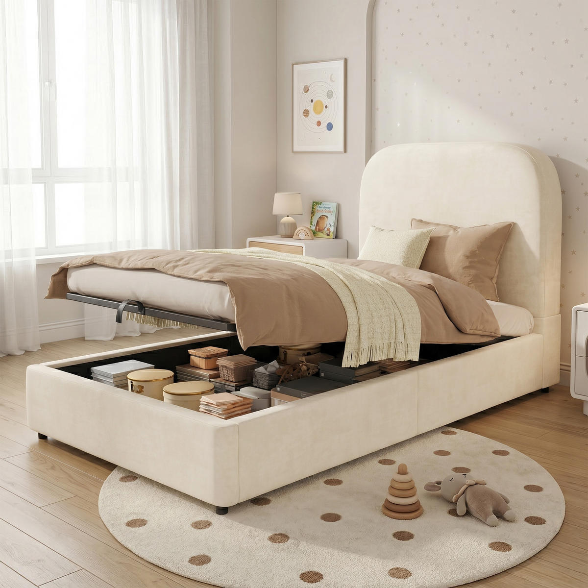 KINDERBETT Beige Samt 90x190 Hydraulik Stauraum Lattenrost - Beige, Textil (90/190cm) - FLIEKS