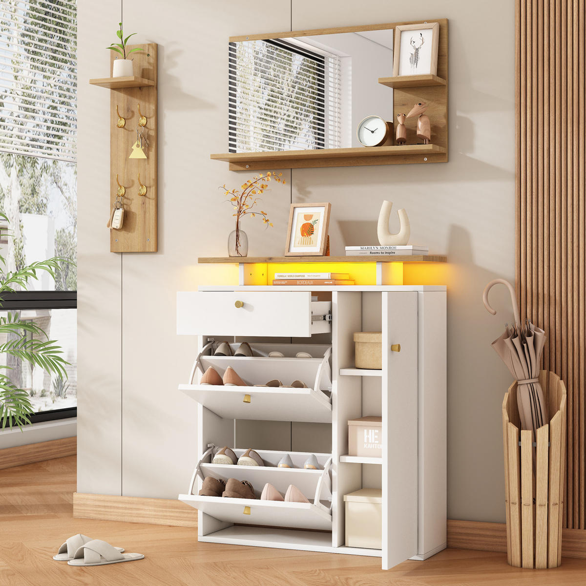 GARDEROBENSET 105/25/151,5 cm mit LED-Beleuchtung, Spiegel, Schuhschrank und 4 Haken aus Spanplatte, Weiß - Weiß, Holzwerkstoff (105/151.5/25cm) - Redom
