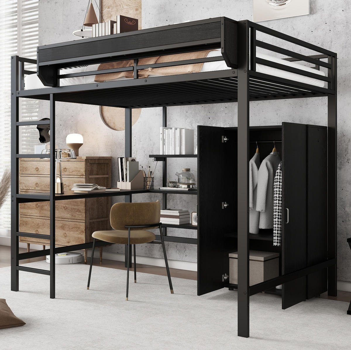 HOCHBETT 140/200 cm aus Metall und MDF mit Schreibtisch und Kleiderschrank Schwarz - Schwarz, Holzwerkstoff (140/200cm) - Modenvie