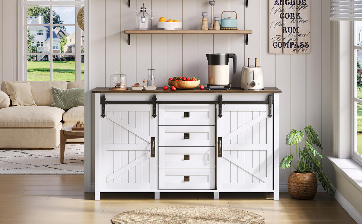 SIDEBOARD aus MDF 137x40x81,5 cm Weiß mit Schiebetüren, 4 Schubladen und viel Stauraum - Weiß, Holzwerkstoff (137/81.5/40cm) - Modfu