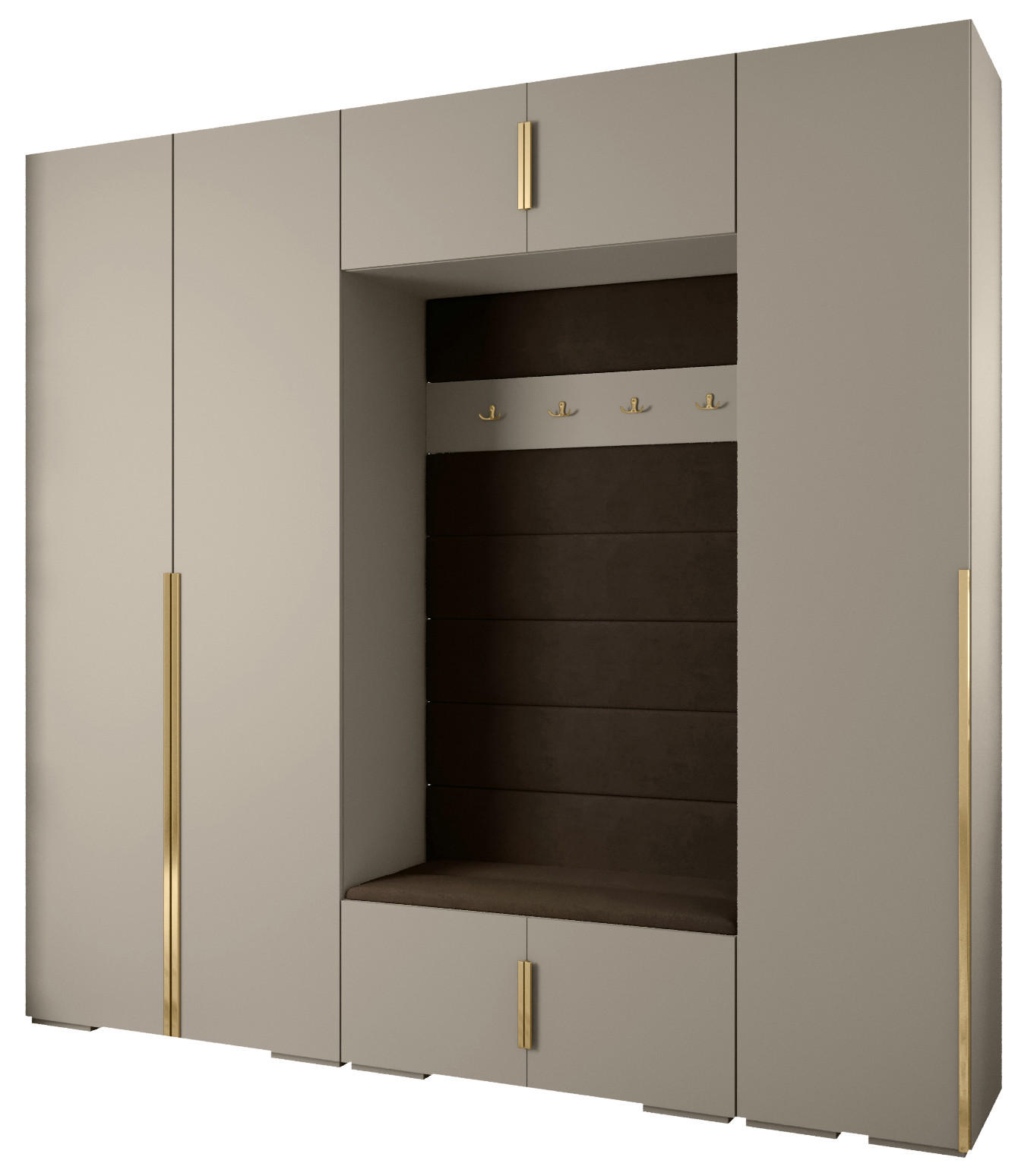 Abiks Möbel Garderoben-Set Kaschmir, Dunkelbraun, Gold 250x236.7x47 cm