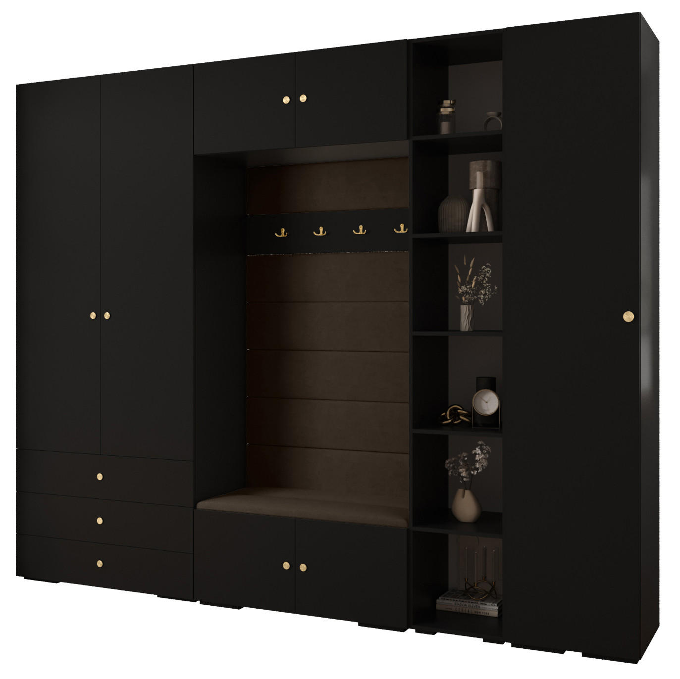 Abiks Möbel Garderoben-Set Schwarz, Braun, Gold 290x236.7x47 cm