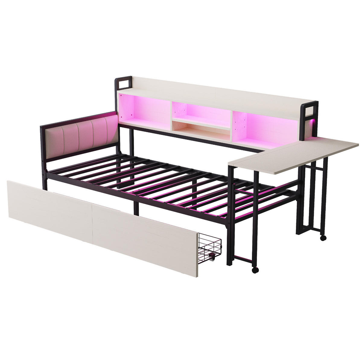 BETT 90/200 cm mit LED-Beleuchtung und Schreibtisch Weiß - Weiß, Metall (90/200cm) - OKWISH